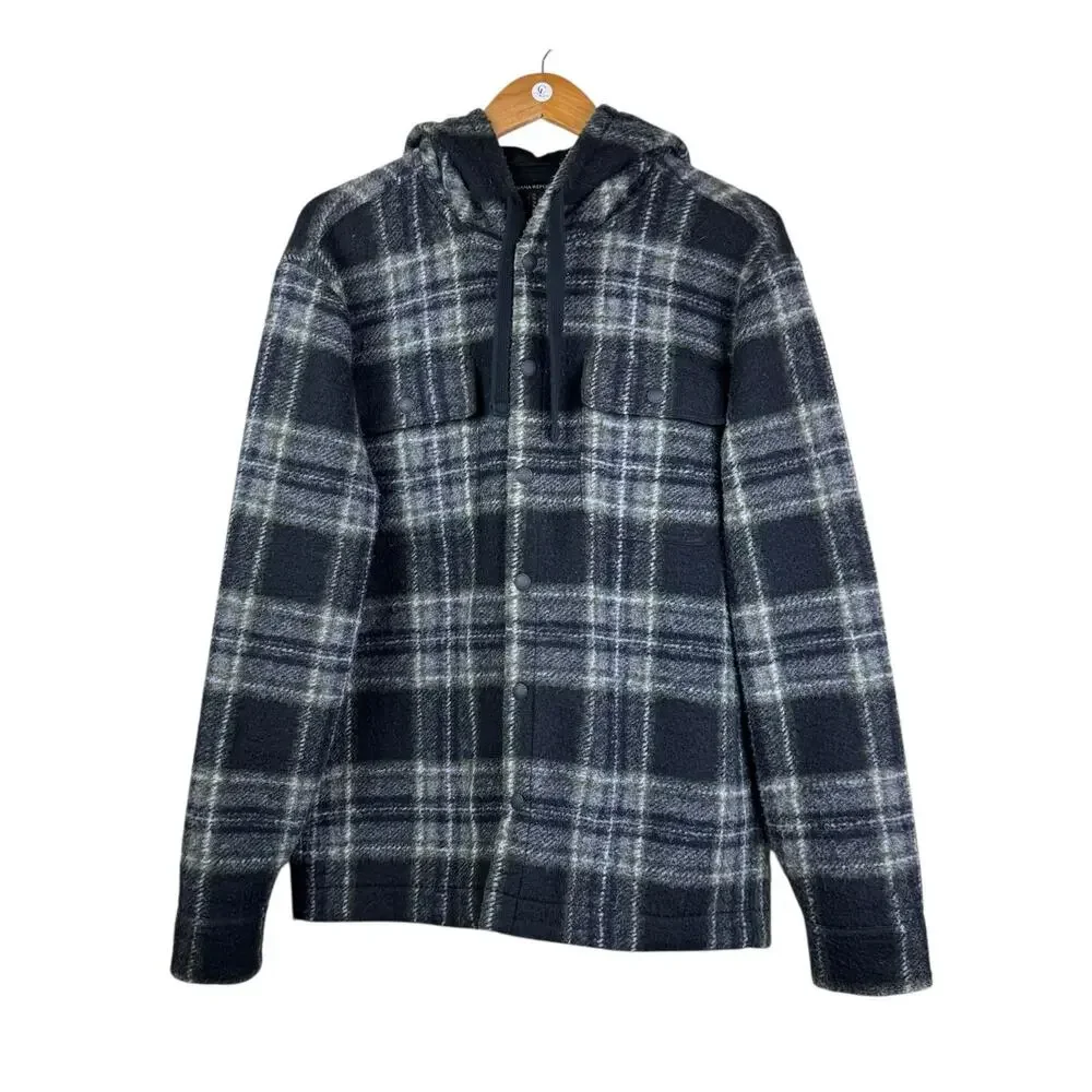 Banana Republic Wool Black Plaid Hooded Shirt Sweater Button Up Jacket Pockets